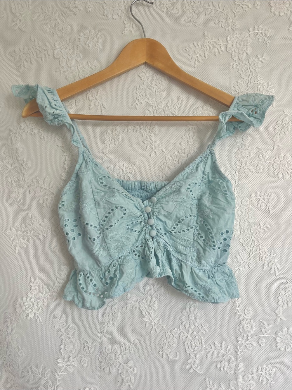 GUESS eyelet ruffle crop top - light blue